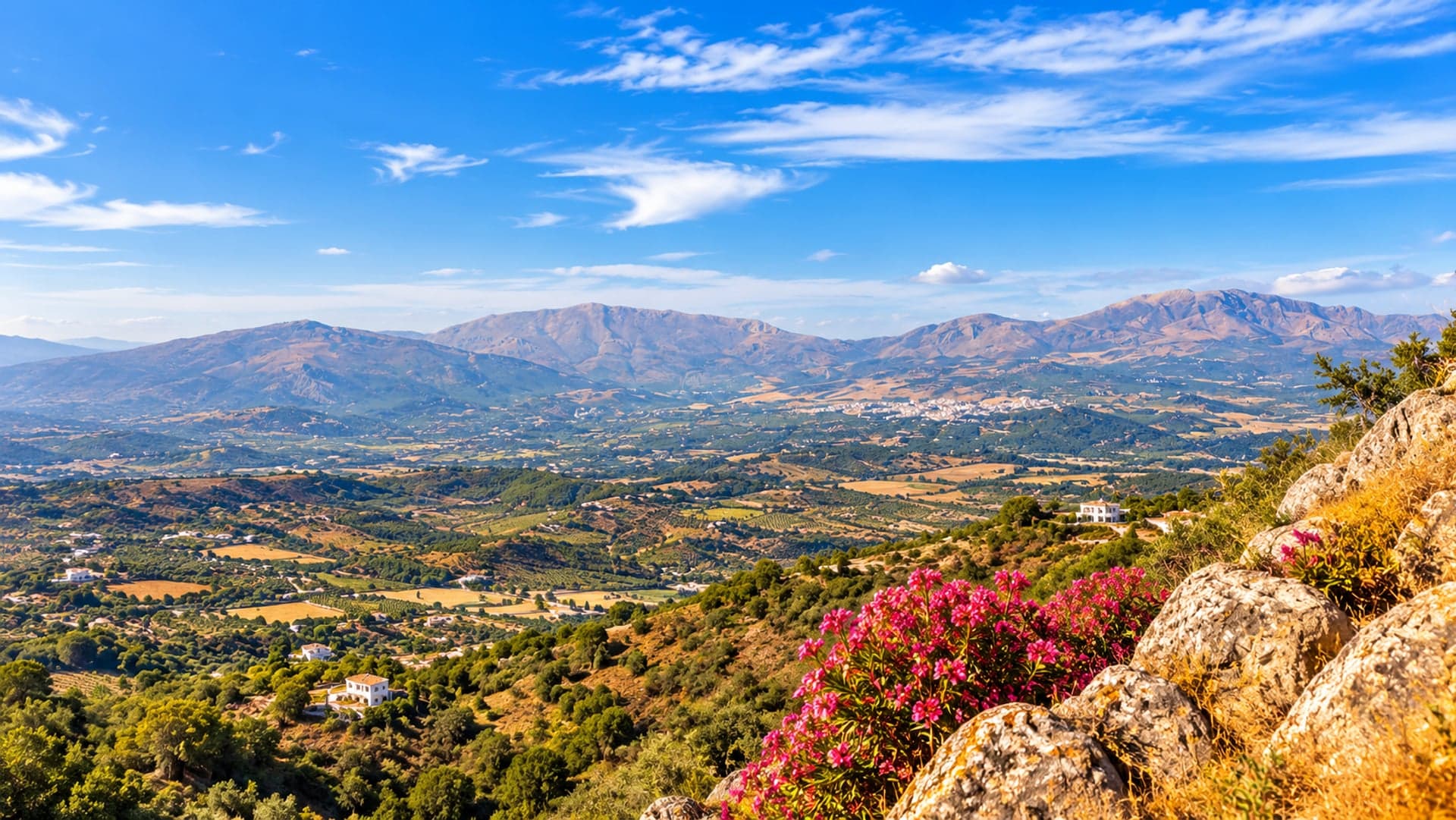 Panoramablick über das Valle del Guadalhorce mit blühenden Oleanderbüschen