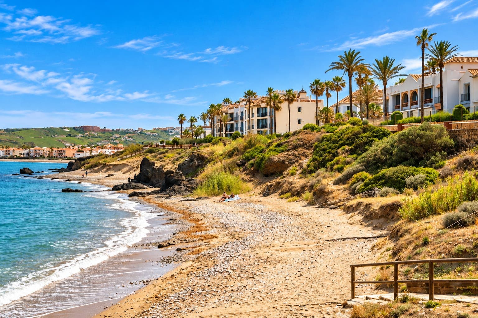 Mediterrane Küste mit Wohnanlagen und Palmen zwischen Casares und Manilva