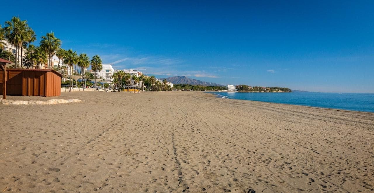 Sandstrand und Promenade von Estepona mit Palmen und Meerblick