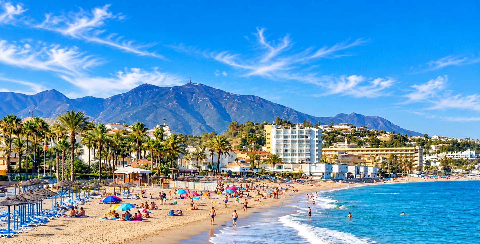 Strand von La Cala de Mijas mit Blick auf die Berge von Marbella