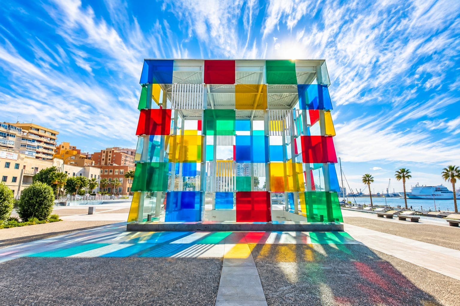 Centre Pompidou Málaga, der farbige Glaswürfel am Hafen