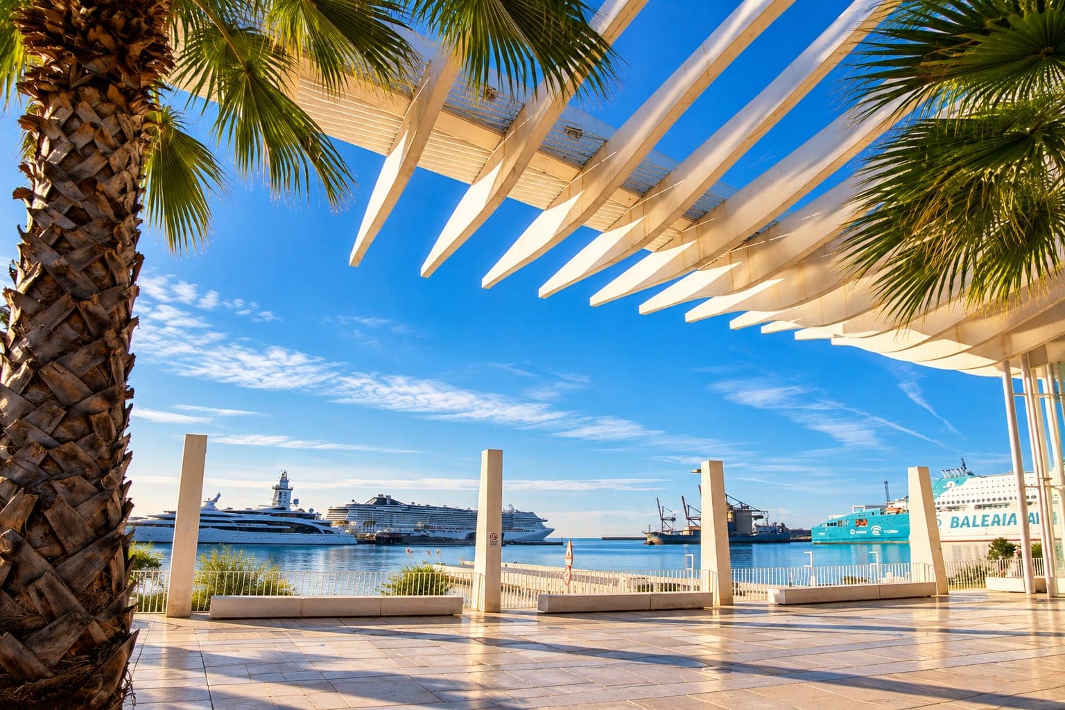 Hafenpromenade Muelle Uno mit Palmen und Blick auf die Bucht