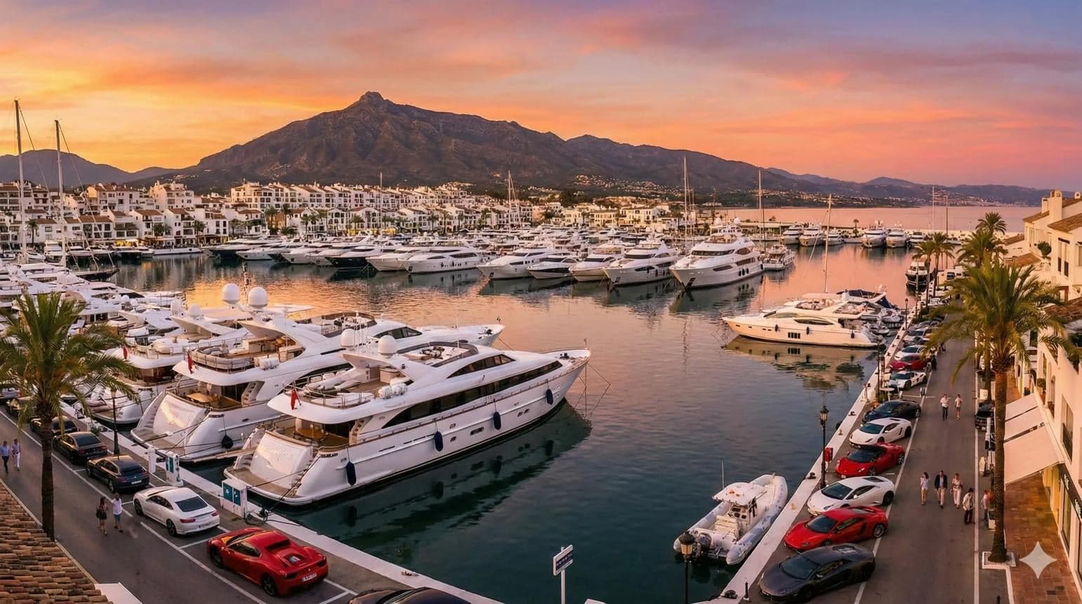 Yachthafen von Puerto Banús bei Sonnenuntergang