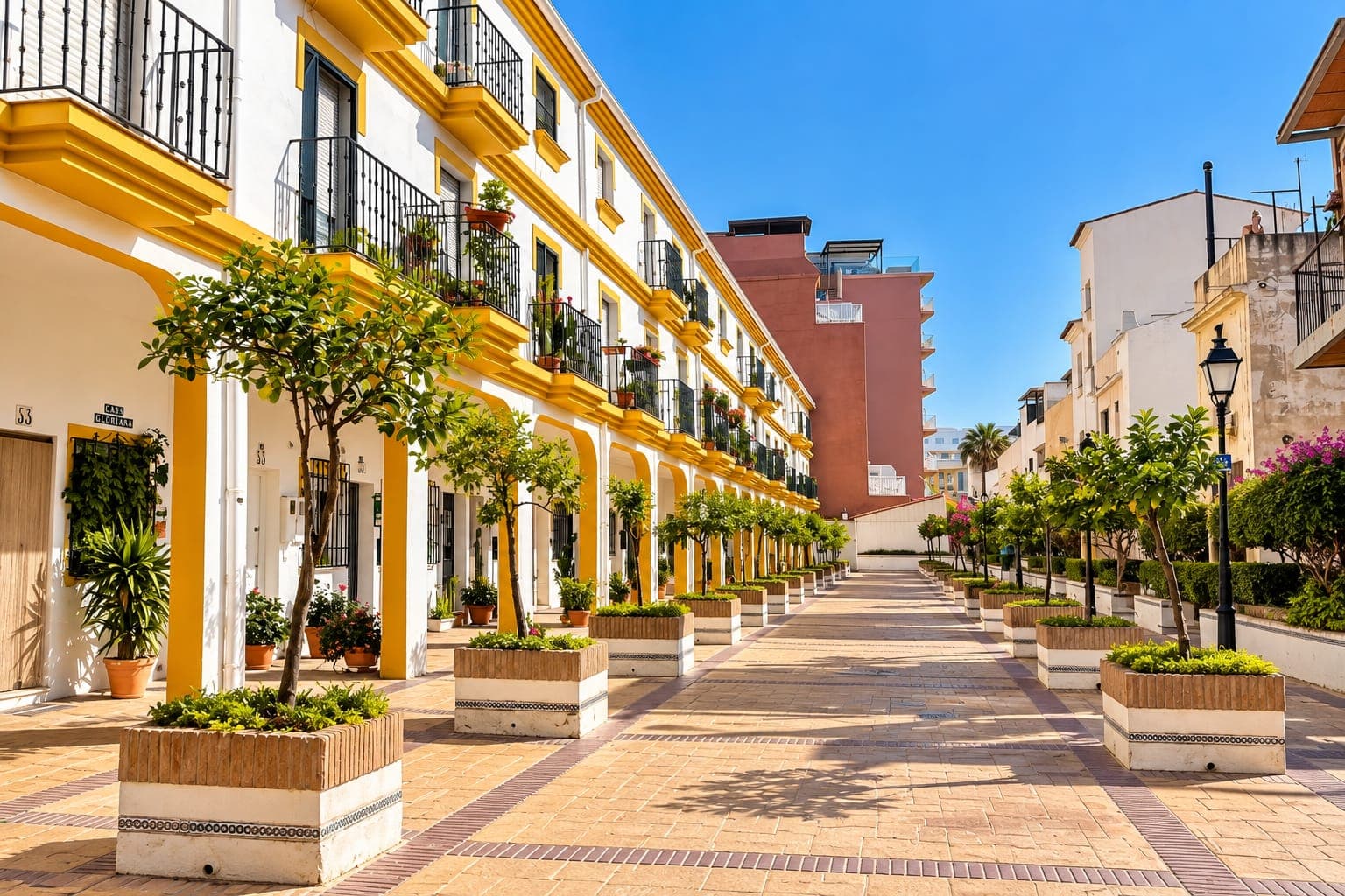 Fußgängerpromenade mit Pflanzenkübeln und Balkonen im Zentrum von Torremolinos
