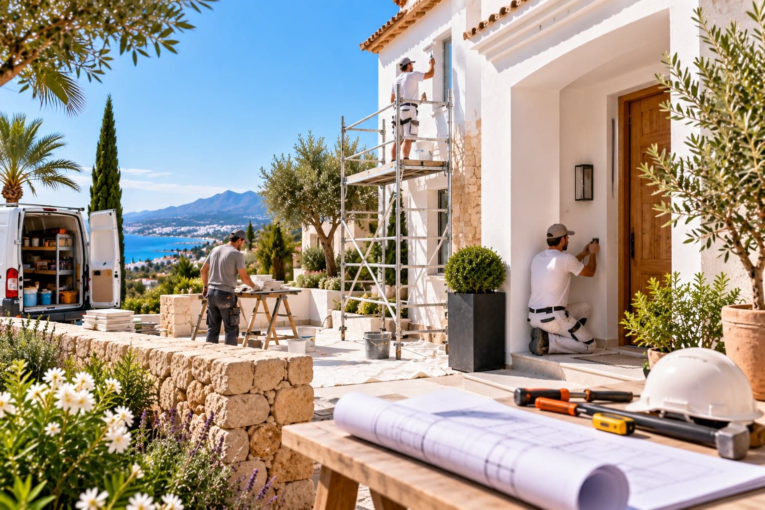 Fassadenarbeiten mit Gerüst an einer Villa an der Costa del Sol