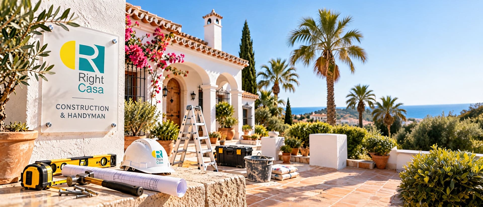 Right-Casa-Schild „Construction & Handyman“ mit Werkzeug vor einer Villa an der Costa del Sol
