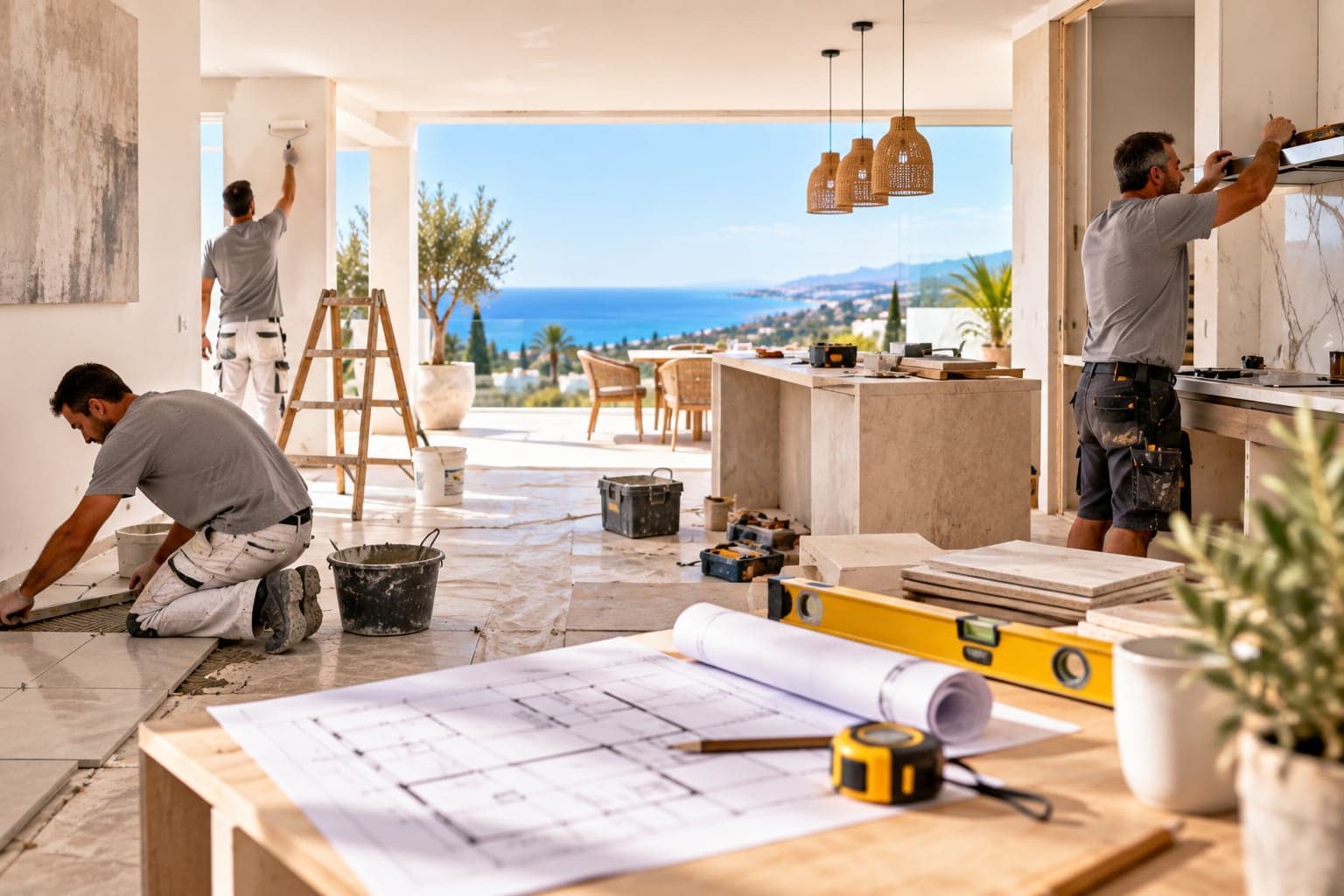 Handwerker bei Renovierungsarbeiten in einer modernen Villa