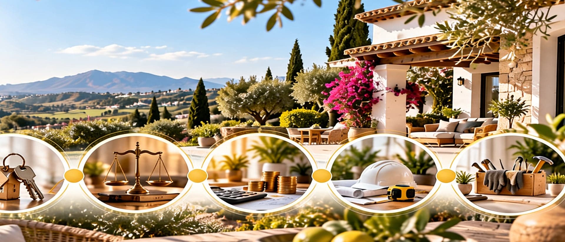 Terrasse einer Villa an der Costa del Sol mit Symbolen für Immobiliensuche, Kauf, Recht, Finanzierung und Handwerkerservice