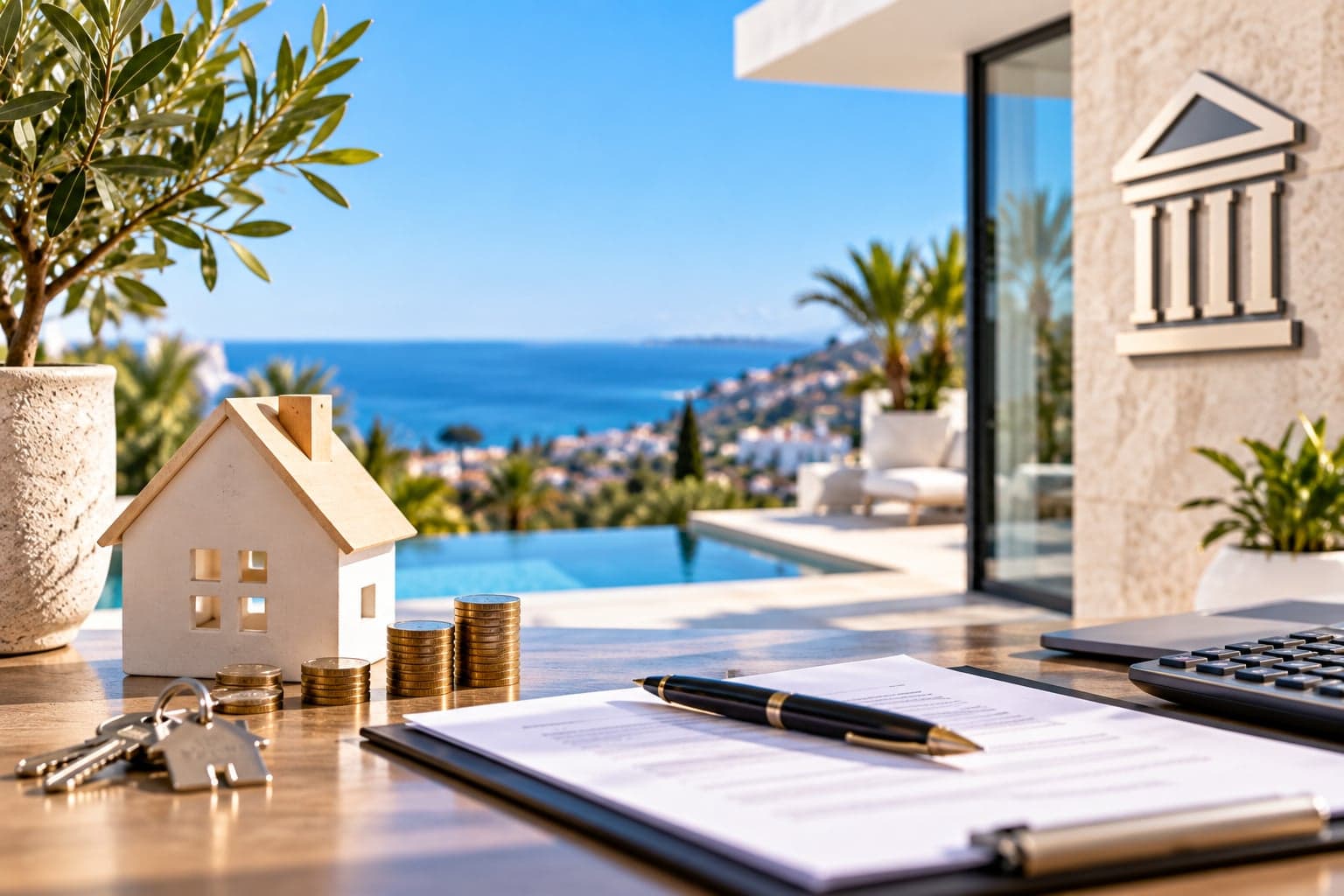 Haus-Modell mit Münzstapeln und Vertrag vor Meerblick