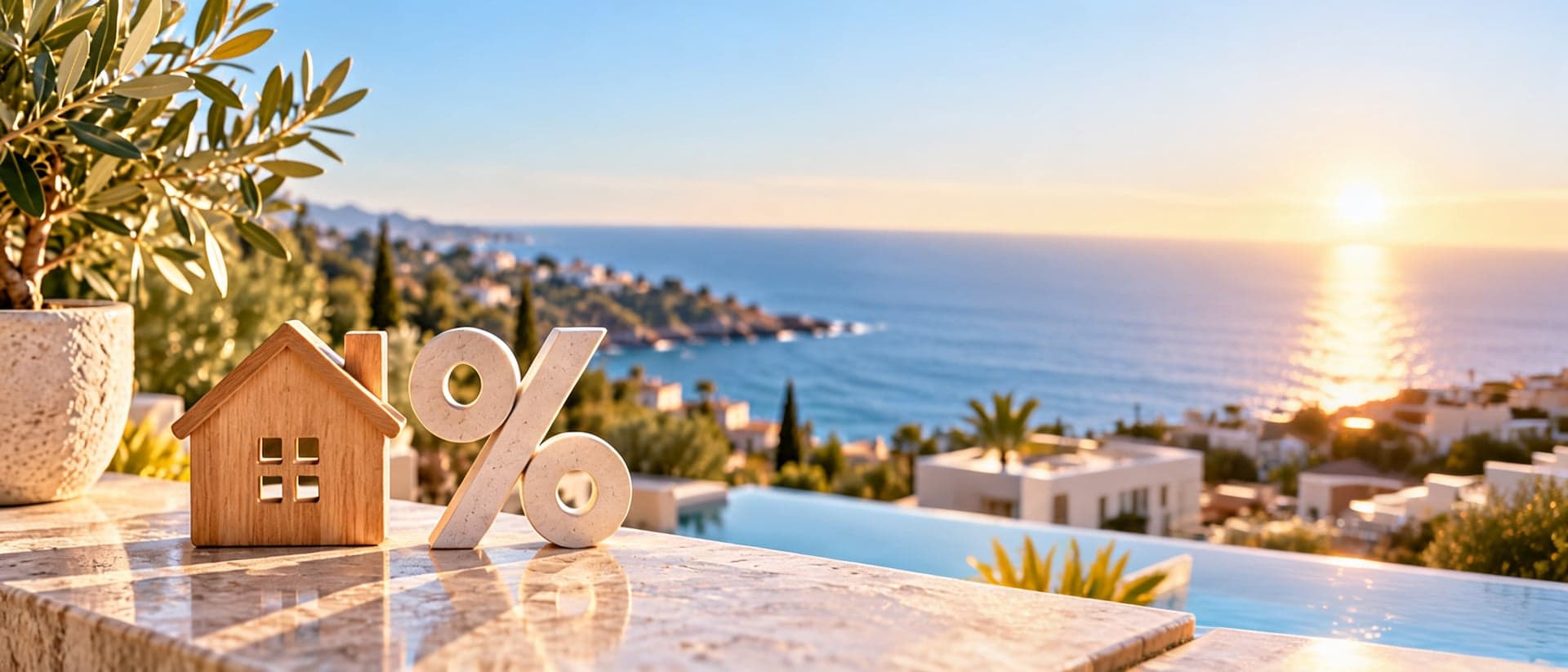 Modellhaus und Prozentzeichen mit Meerblick an der Costa del Sol
