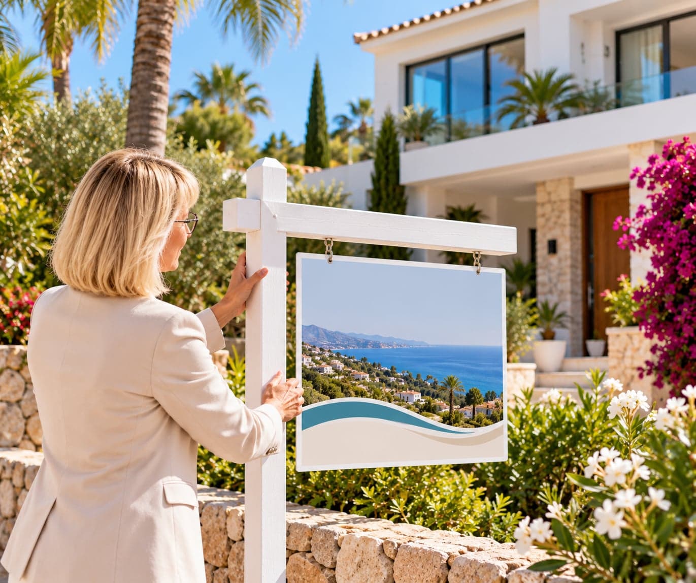 Zu-verkaufen-Schild vor einer Villa mit Meerblick an der Costa del Sol