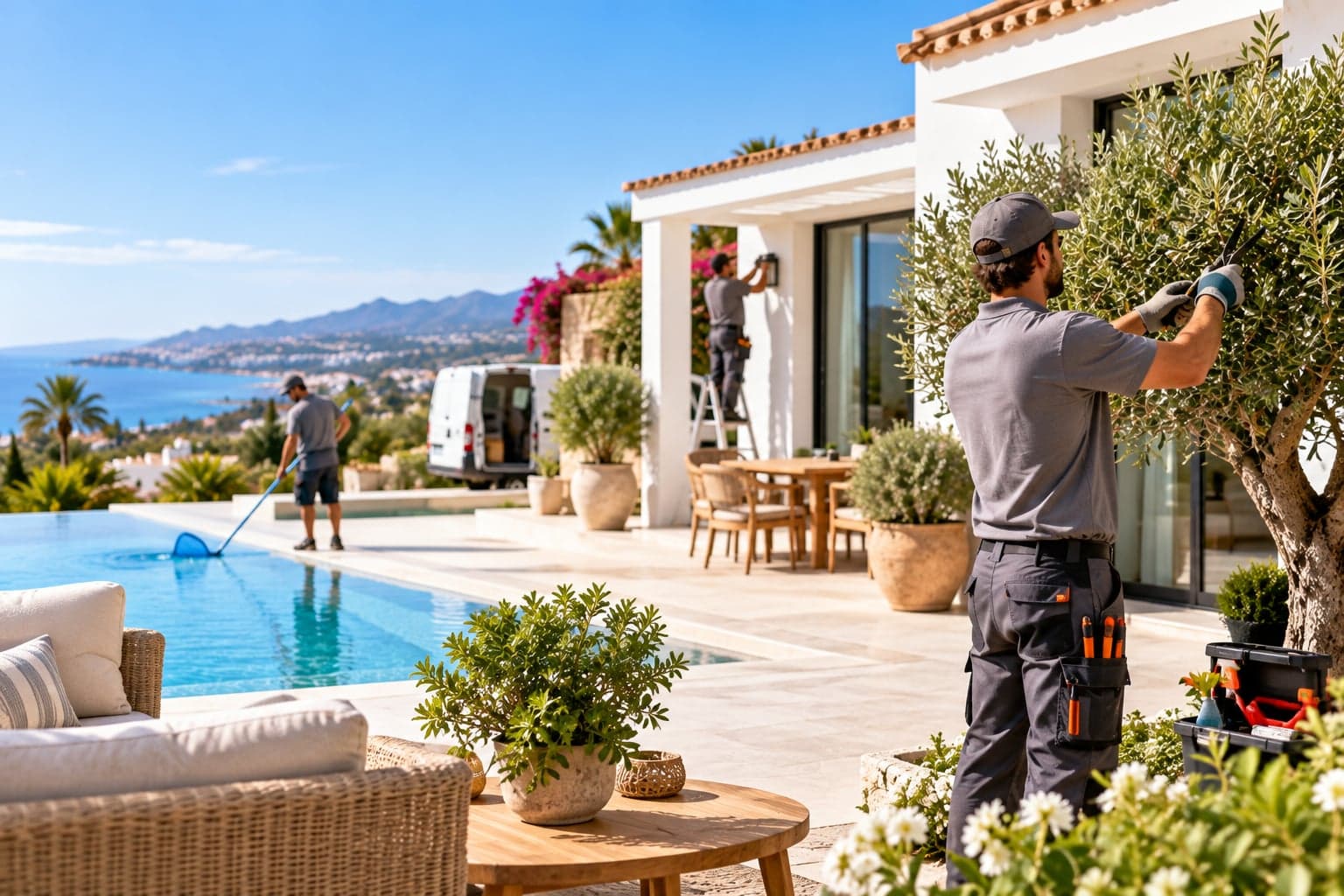 Handwerker bei Poolreinigung, Gartenpflege und Instandhaltung einer Villa
