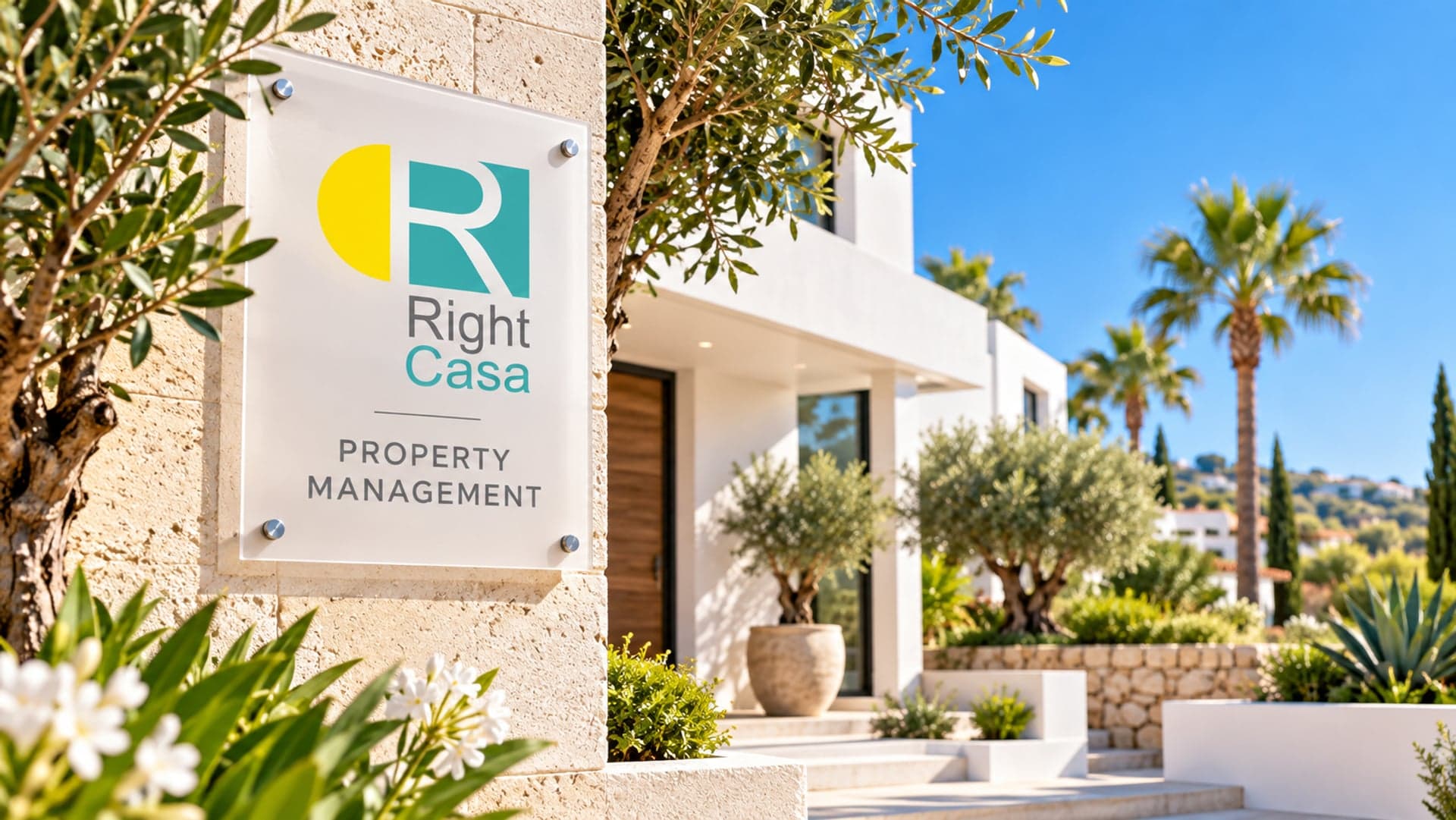 Right-Casa-Schild „Property Management“ vor einer modernen Villa an der Costa del Sol