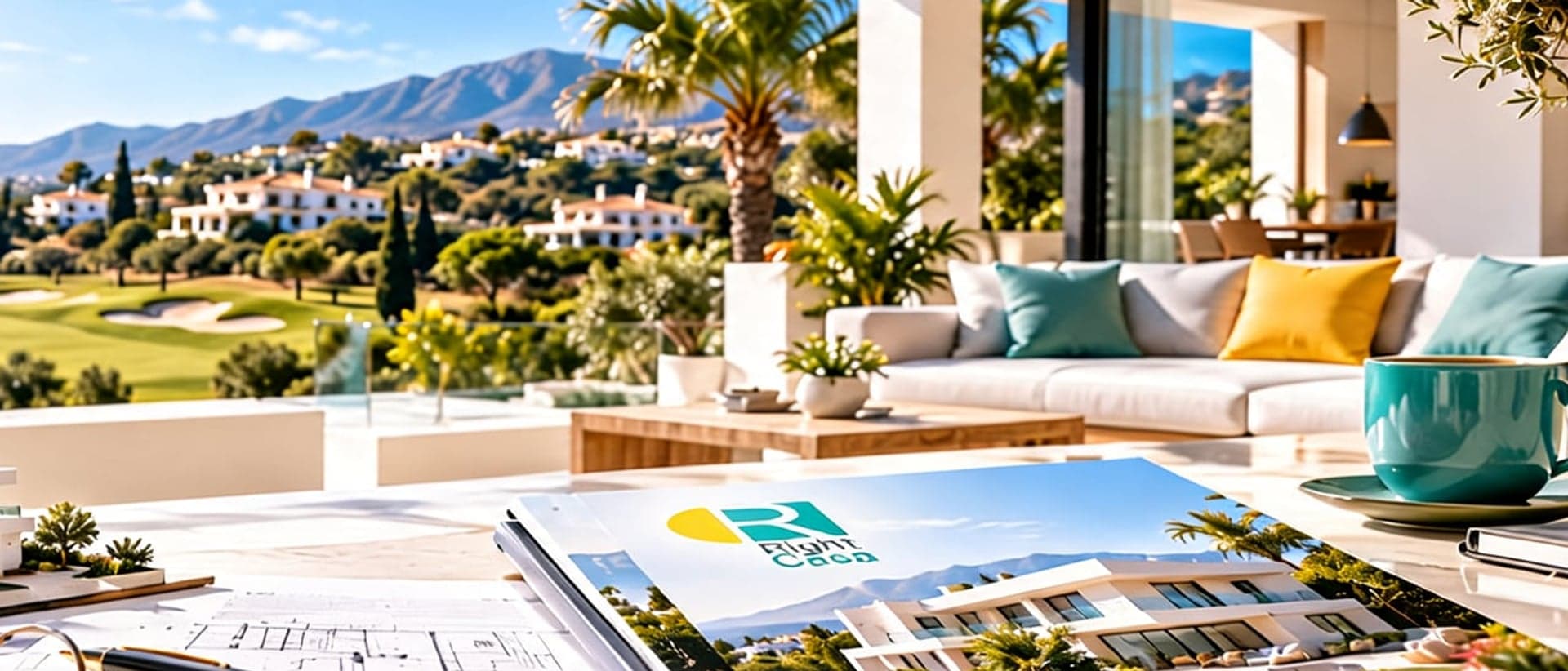 Right-Casa-Käuferleitfaden mit Modellhaus, Schlüssel und Grundriss auf einer Terrasse mit Golfplatzblick