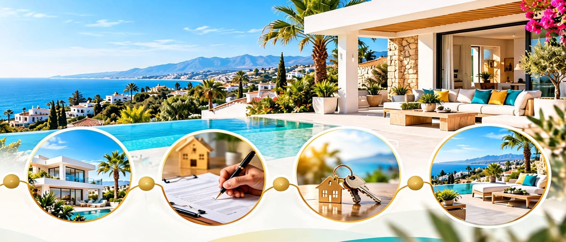 Villa mit Pool und Meerblick sowie die Schritte des Kaufprozesses: Suche, Besichtigung, Vertrag, Schlüsselübergabe