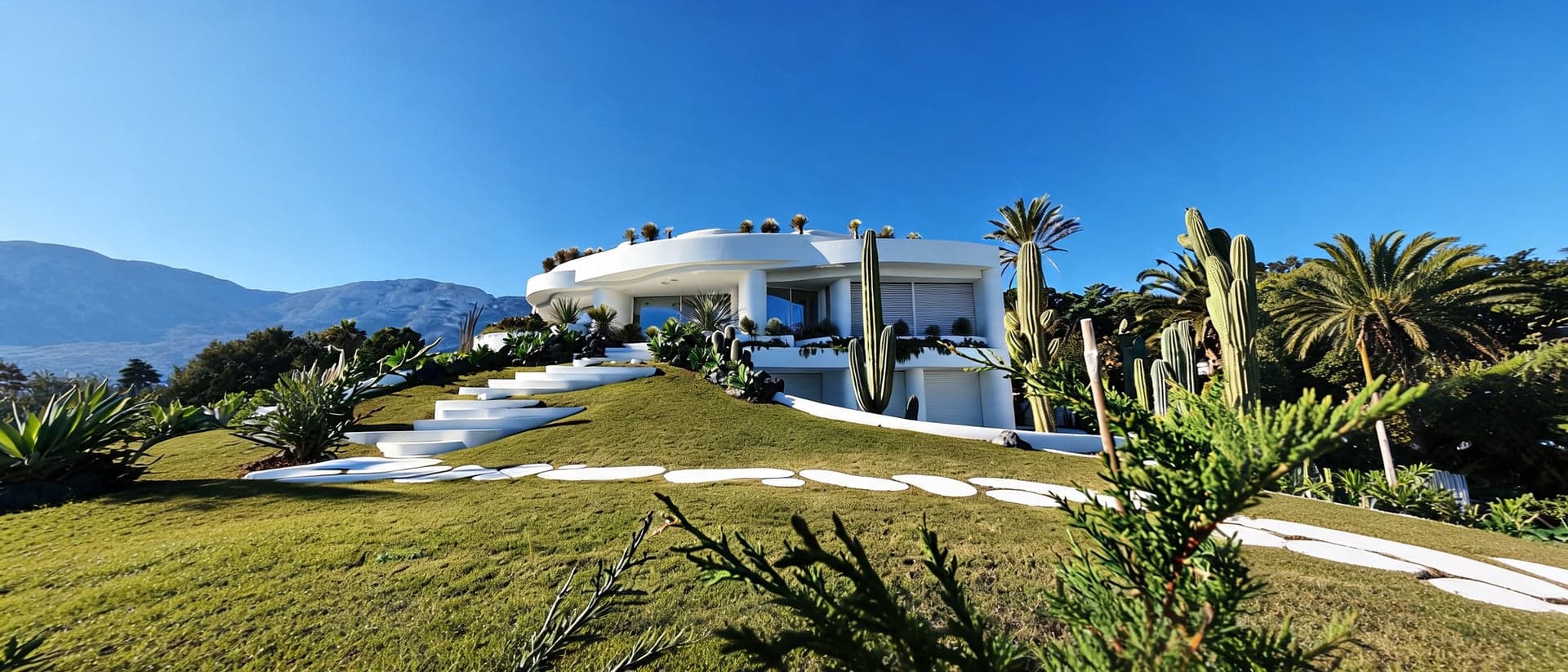 Moderne Design-Villa mit Garten, Kakteen und Palmen an der Costa del Sol