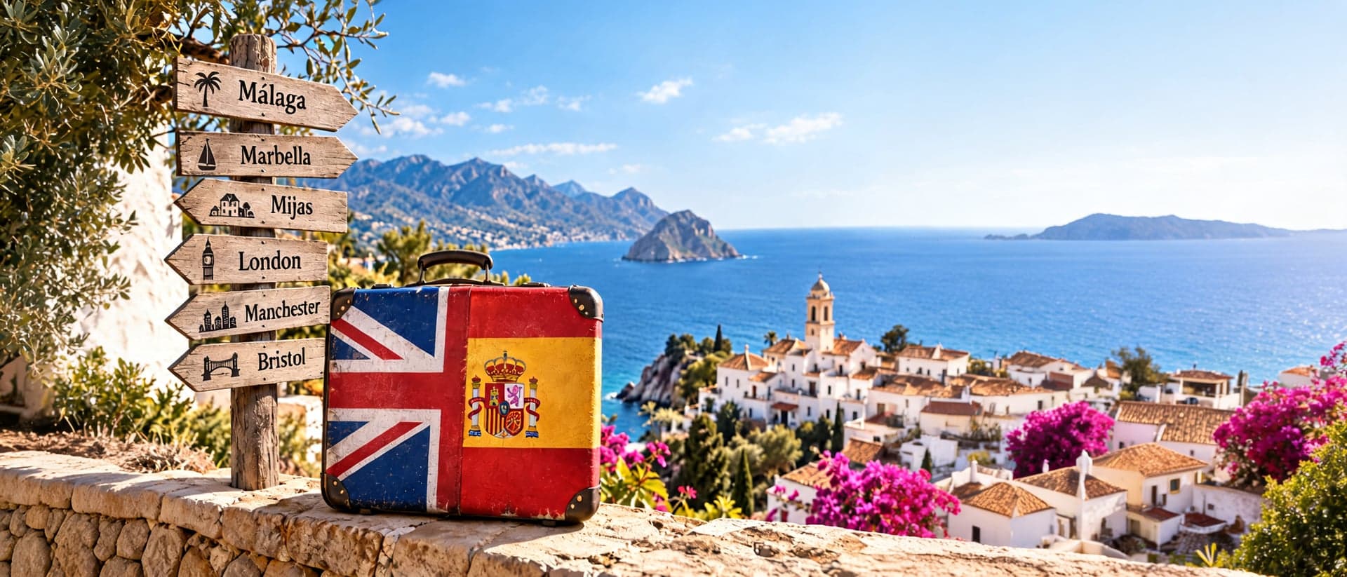 Koffer mit britischer und spanischer Flagge vor einem Wegweiser und einer Küstenstadt an der Costa del Sol