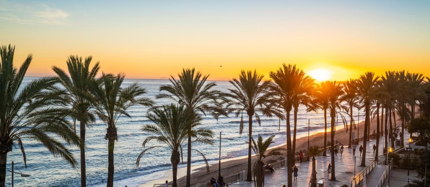 Palmengesäumte Strandpromenade bei Sonnenuntergang an der Costa del Sol