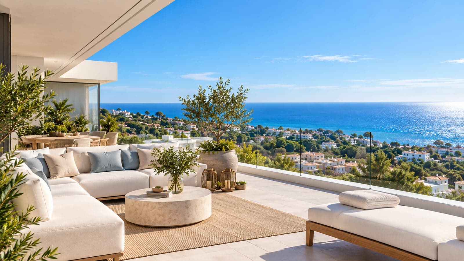 Terrasse einer Neubauimmobilie mit Meerblick an der Costa del Sol