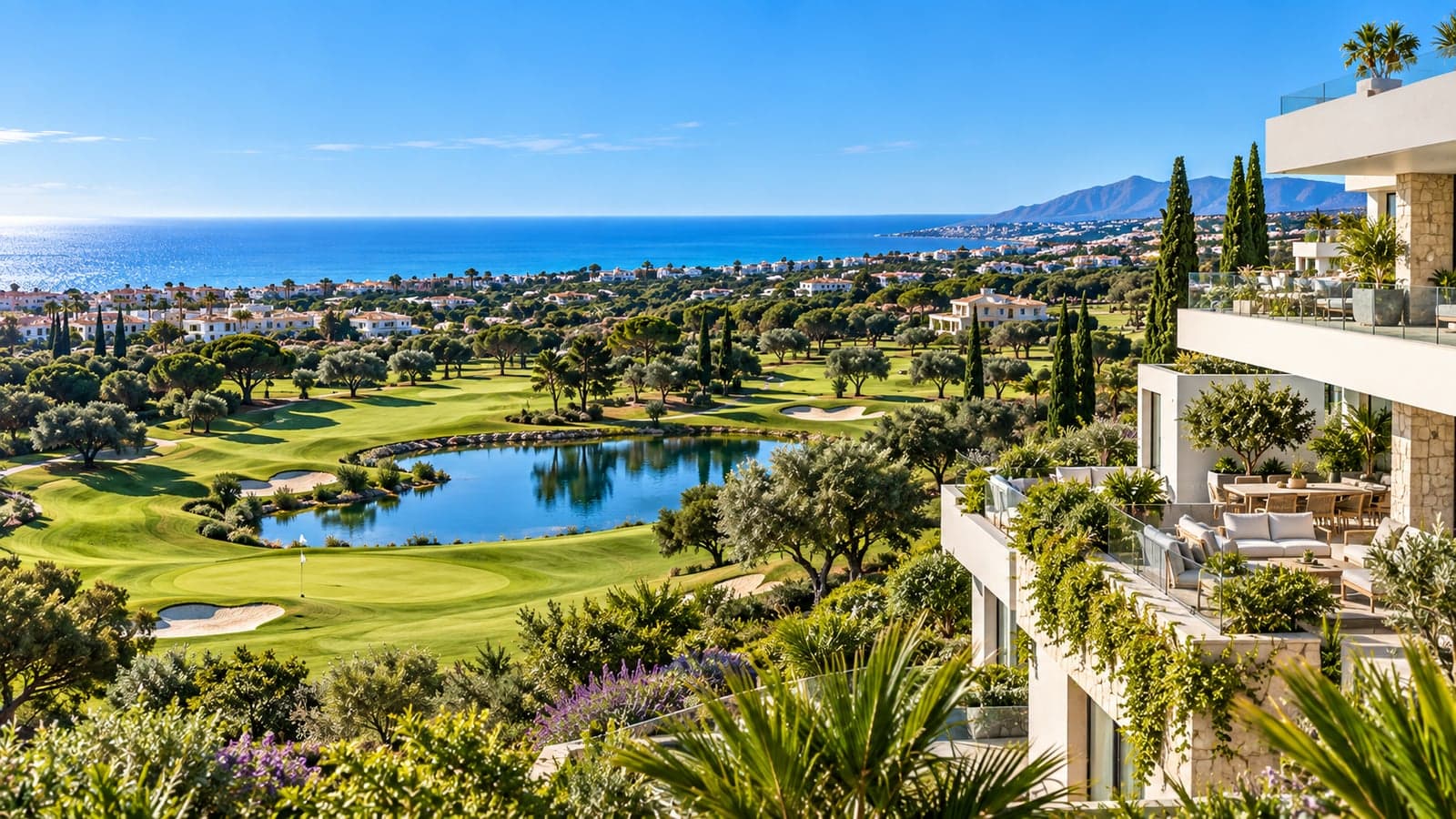 Neubauprojekt mit Blick auf Golfplatz und Küste