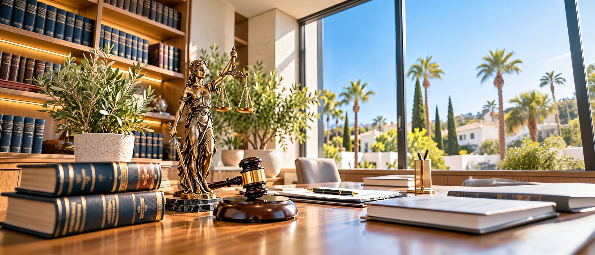 Anwaltsbüro mit Justitia-Statue, Gesetzbüchern und Palmenblick an der Costa del Sol