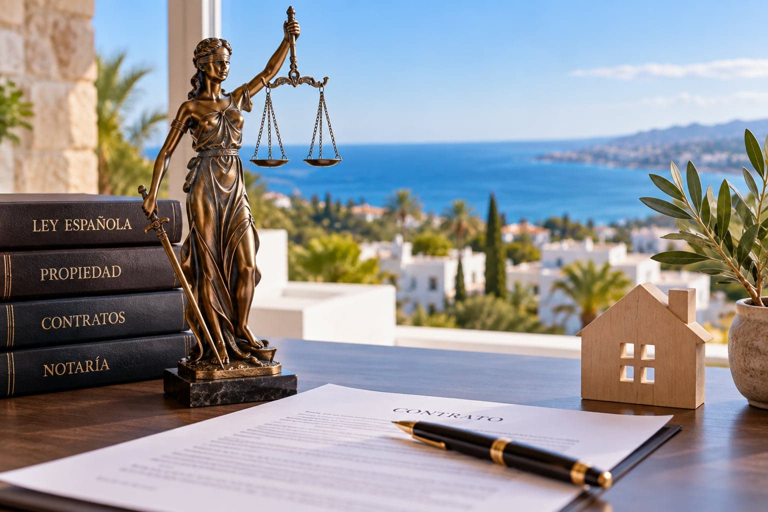 Justitia-Statue mit Gesetzesbüchern und Vertrag vor Meerblick