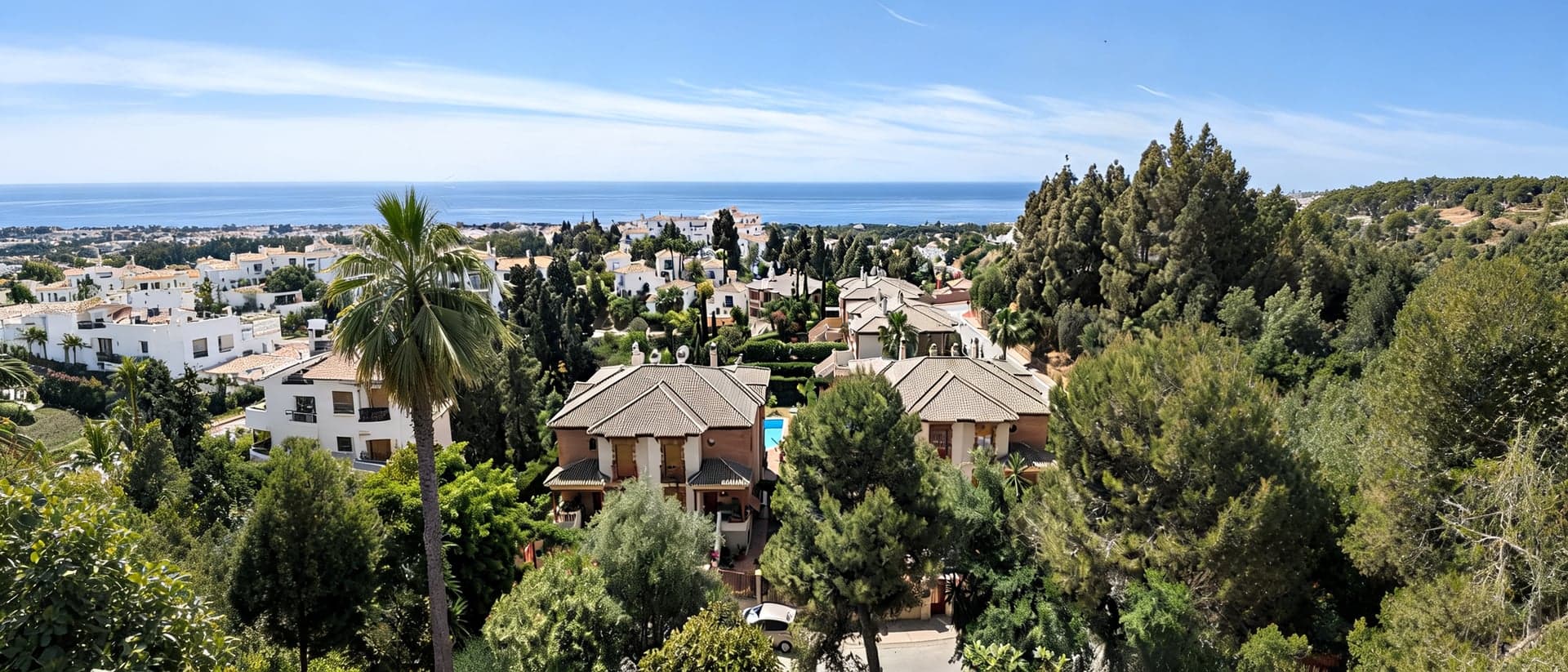 Luftaufnahme von Villen zwischen Pinien und Palmen mit Meerblick an der Costa del Sol