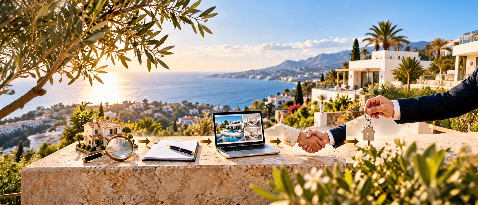 Symbolbild des Verkaufsprozesses: Modellhaus, Vertrag, Laptop mit Fotos und Schlüsselübergabe mit Meerblick an der Costa del Sol