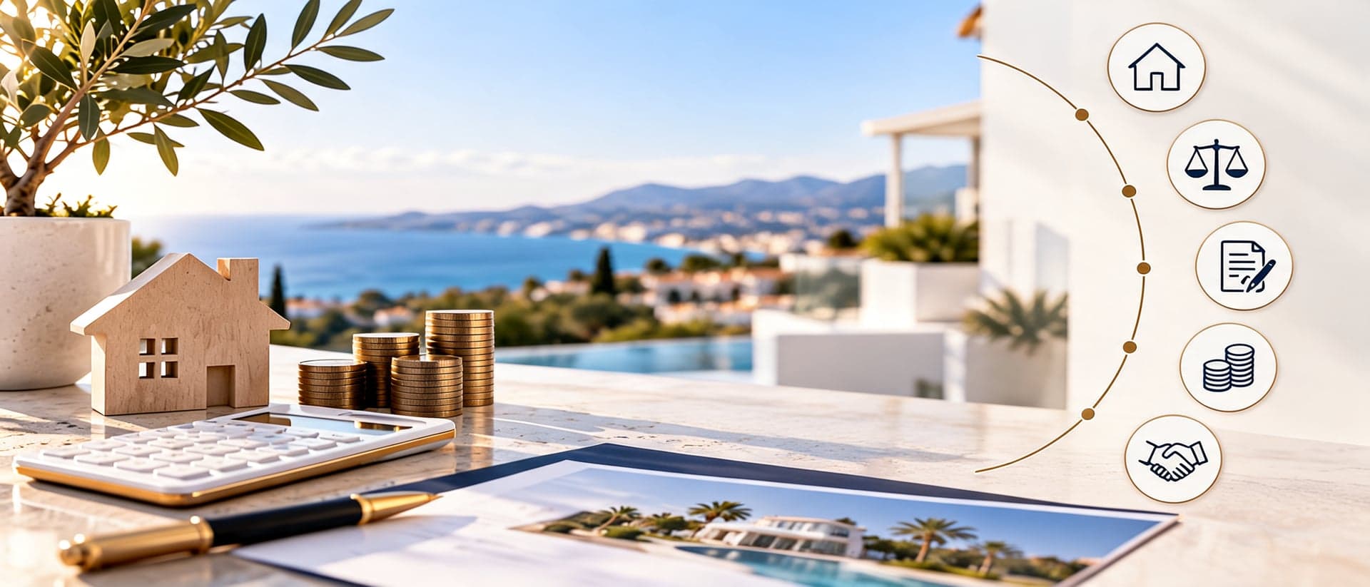 Symbolbild der Verkaufskosten: Modellhaus, Münzen, Taschenrechner und Vertrag mit Meerblick an der Costa del Sol