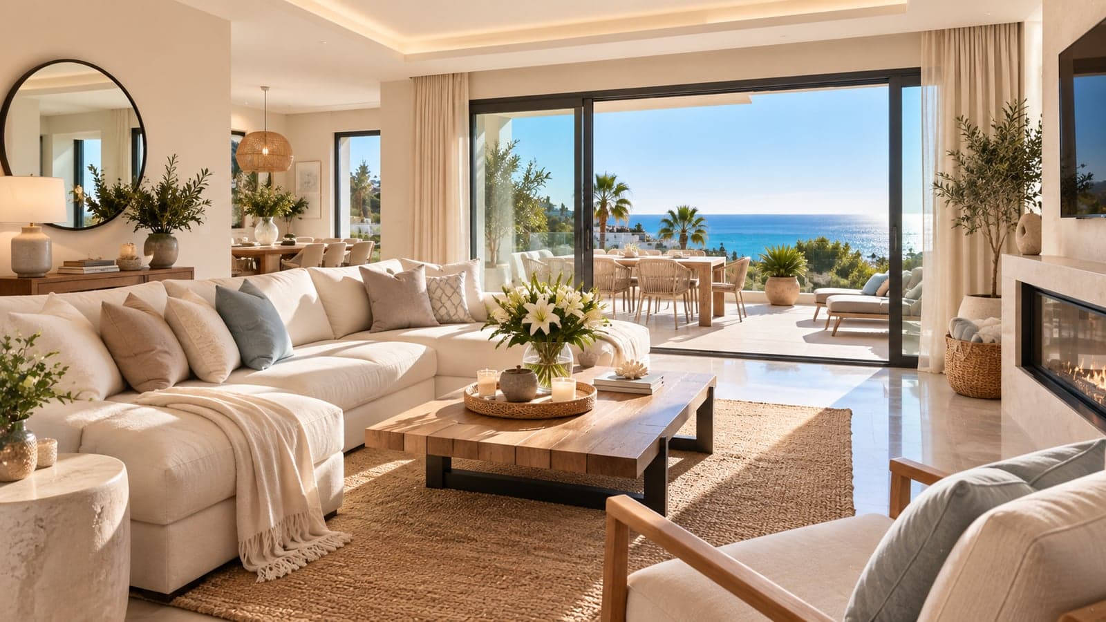 Helles, modern eingerichtetes Wohnzimmer mit Meerblick