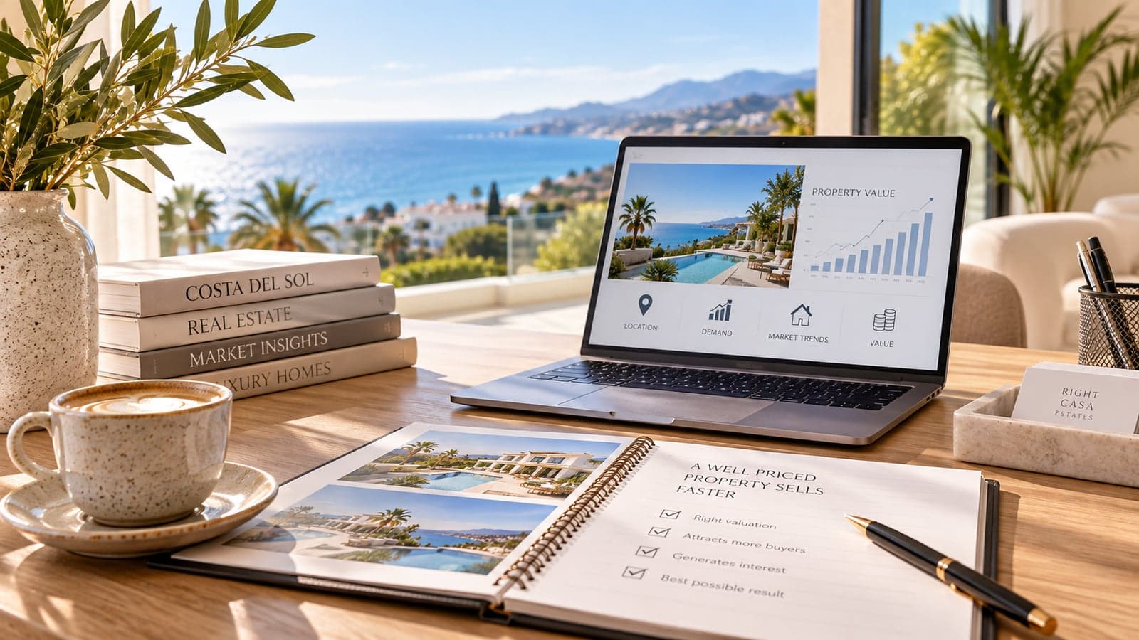 Laptop mit Immobilien-Marktanalyse und Wertentwicklung auf einem Schreibtisch mit Meerblick