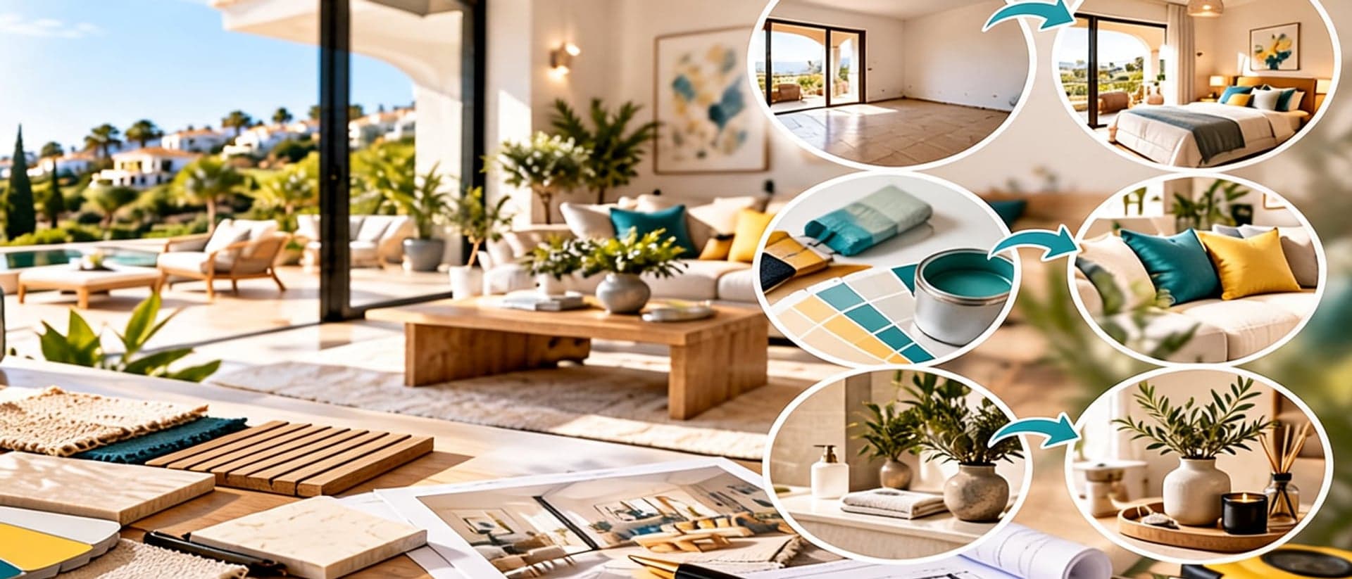 Home Staging: Vorher-Nachher-Vergleiche mit Farbmustern und Dekoration in einer Villa mit Poolterrasse